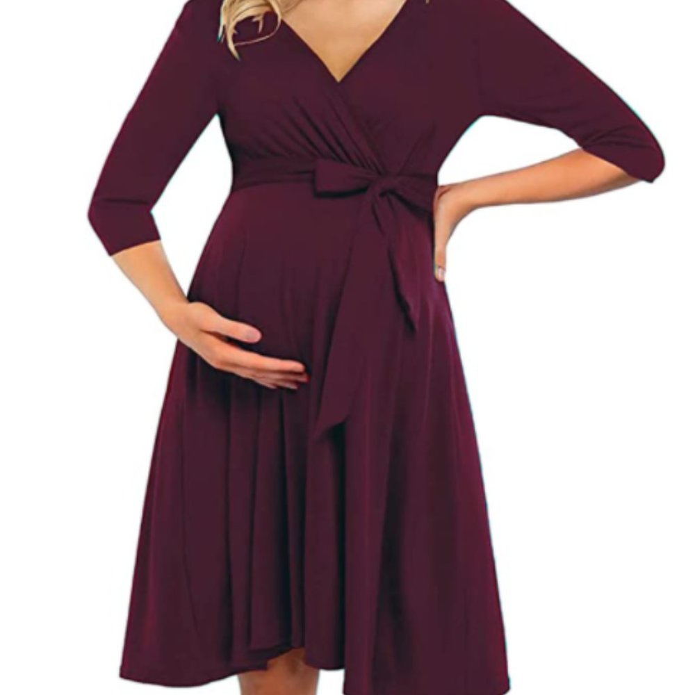 Coolmee Women's Wrap Maternity Dress Empire Waist Knee Length Midi Dress